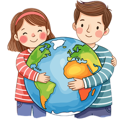 Two children, a girl and a boy, standing close together and smiling while hugging a large globe of the Earth, showcase the joyful spirit often seen in day care and play school settings.